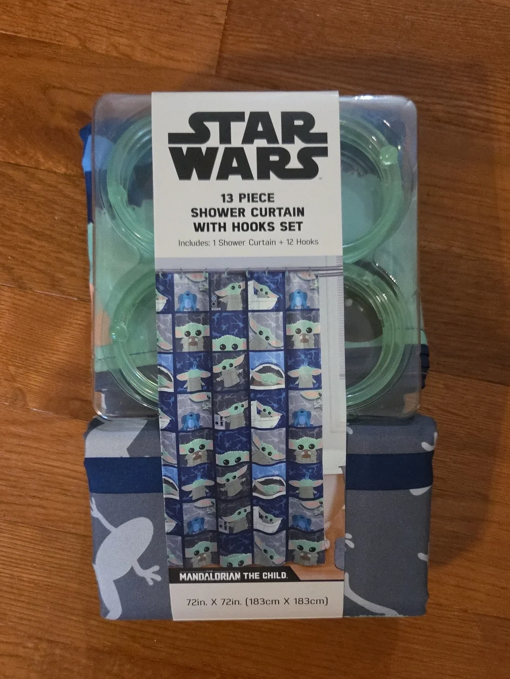 NWT Star Wars Shower Curtain, Grogu Motif in Blue and Green-With Hooks